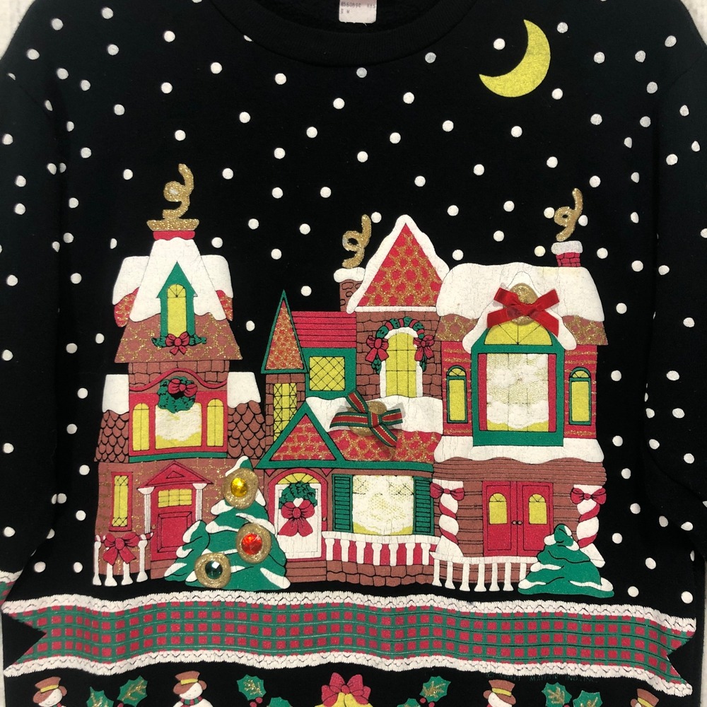 Jane Colby Vintage Christmas Village Sweatshirt Holiday Crewneck Snow Polka Dots